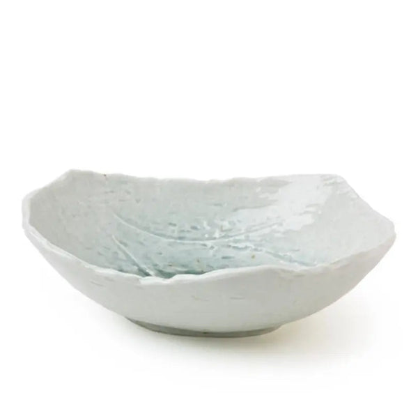 A ceramic bowl with a textured, organic edge and a glossy pale blue-green glaze, shown on a plain white background.