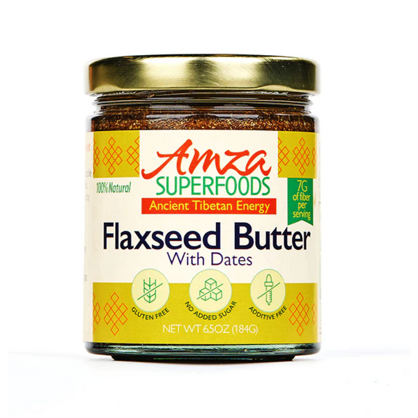 Jar of Amza Superfoods Flaxseed Butter with Dates on a white background