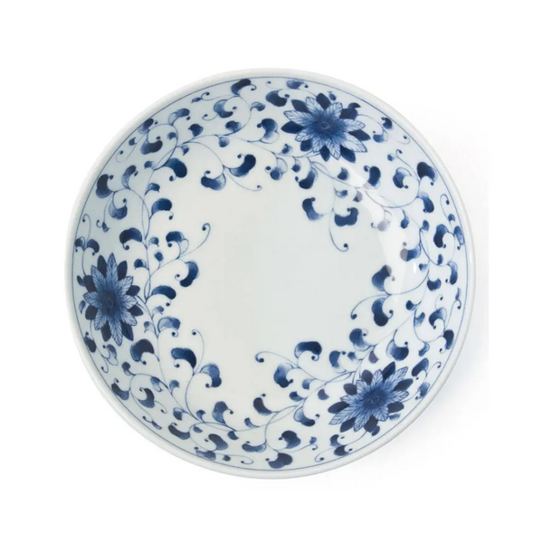 Blue floral pattern on a white bowl
