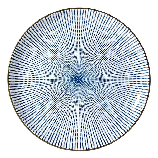 A round ceramic plate featuring a blue and white radial dotted pattern with a dark brown rim, shown against a plain white background.