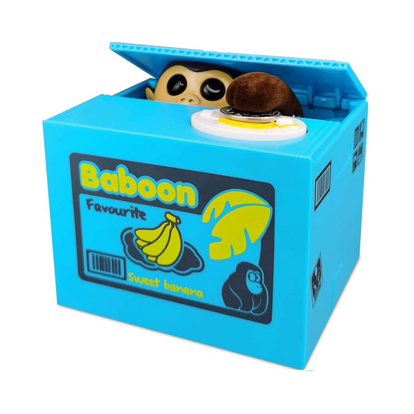 Blue toy box with a baboon toy inside on a white background