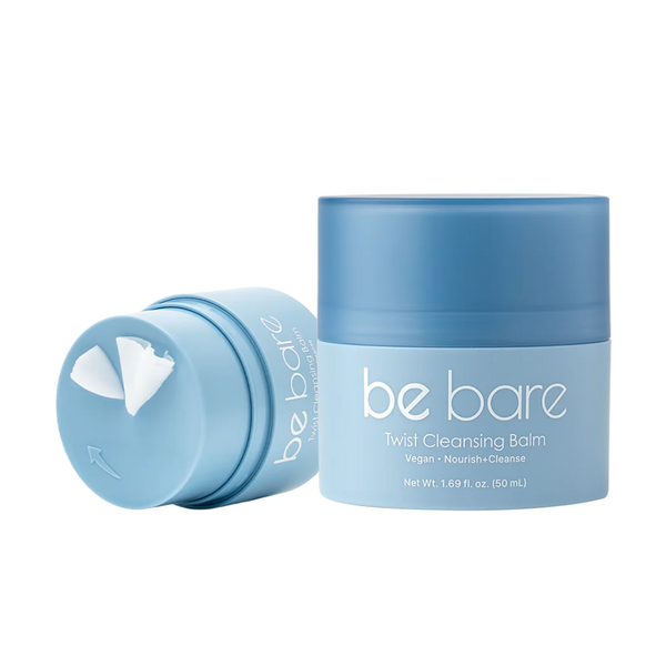 Blue 'be bare' twist cleansing balm container on a white background