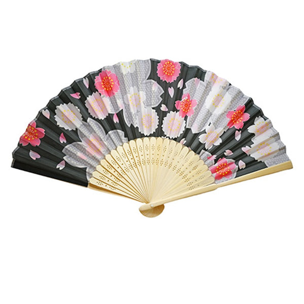 Black Sakura Print Bamboo Hand Fan - 9 inch