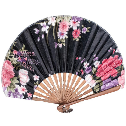 Black Floral Print Bamboo Hand Fan - 8.5 inch
