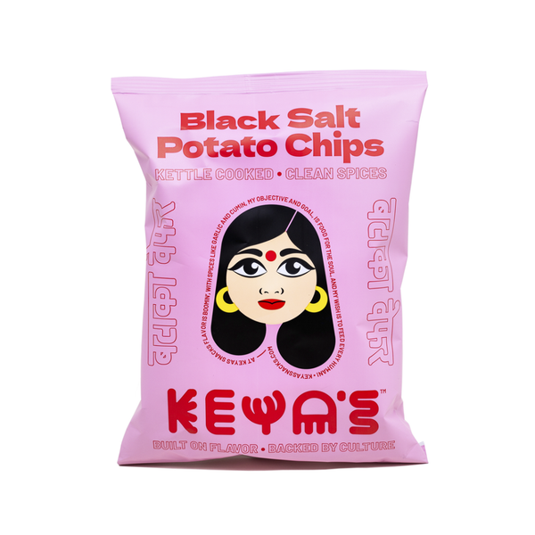 Pink package of Black Salt Potato Chips with a face design on a white background