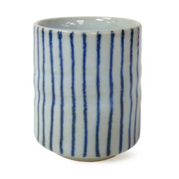 White tea cup with blue stripes