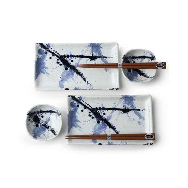 Blue and white sushi set with two plates, two sauce dishes, and two pairs of chosticks