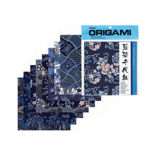 Aizome Chiyogami - Indigo Floral Pattern Origami Paper