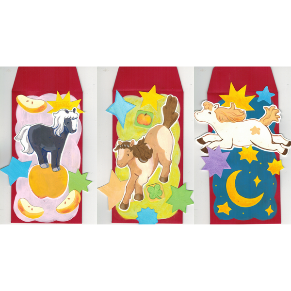 Three red envelopes with horse illustrations and colorful stars on a white background