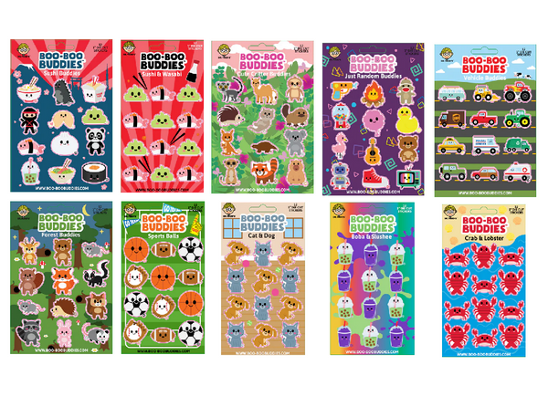 Collection of 'Boo-Boo Buddies' sticker book covers with various designs.