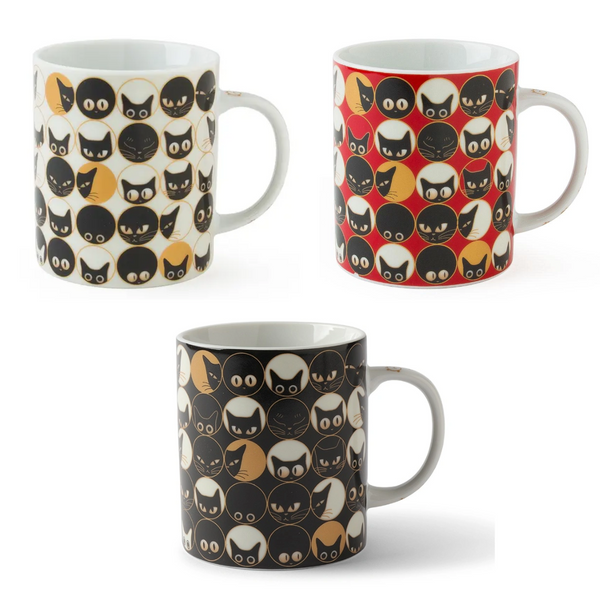 Three mugs with cat pattern designs on a white background