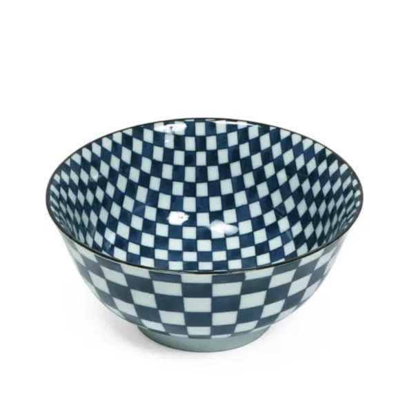 Blue and white checkered ceramic bowl on a white background