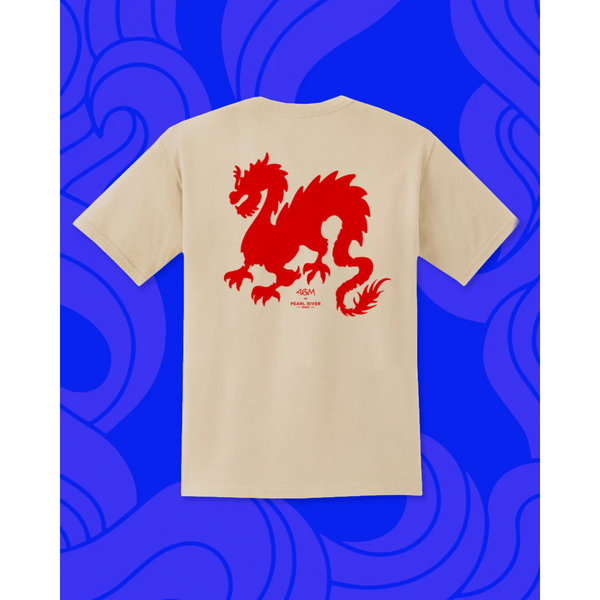 Back of white T-shirt with red dragon design