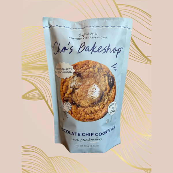 Cho's Bake Shop chocolate chip cookie mix packaging on a decorative background