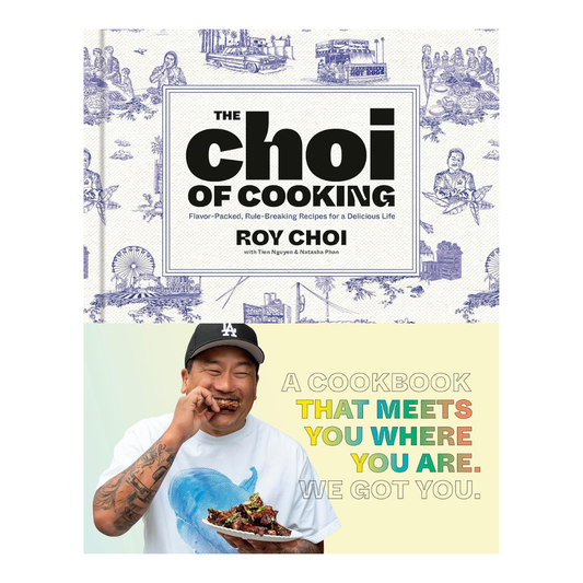 Book cover of 'The Choi of Cooking' with a person eating pizza and text on a decorative background.