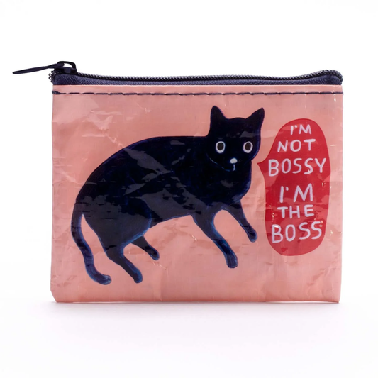 Black cat and text on salmon pink coin purse