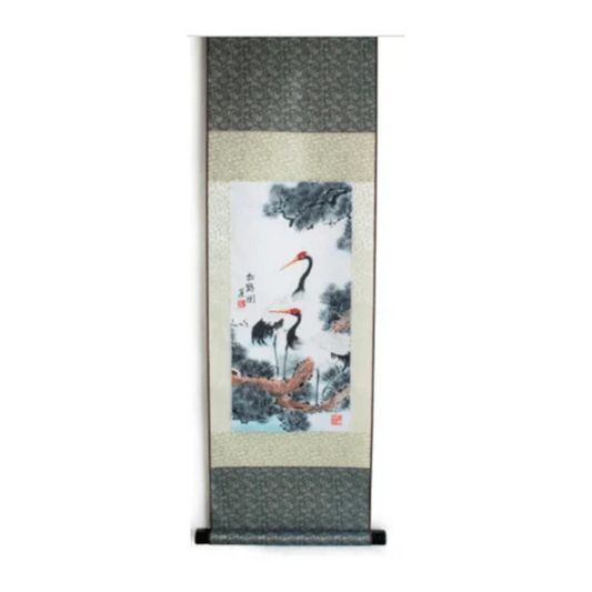 Traditional Chinese scroll with nature-themed artwork on a white background