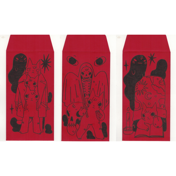 Three red envelopes with black illustrations on a white background