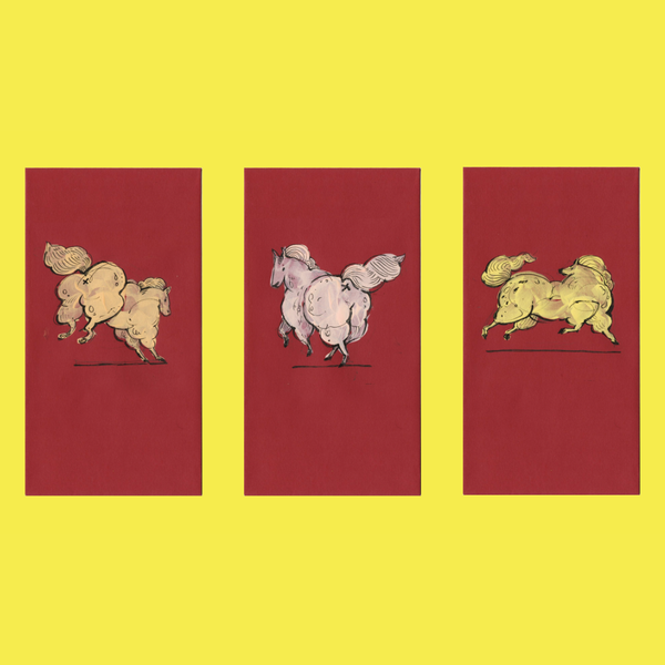 Three illustrations of horses on red panels with a yellow background