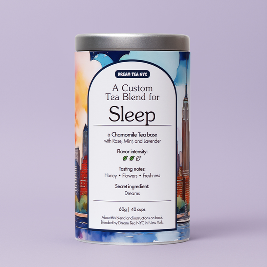Canister of Dream Tea Sleep tea on gray background