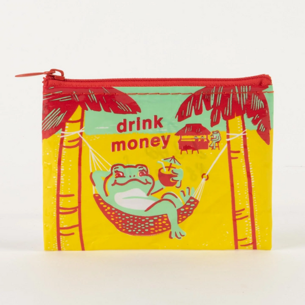 Colorful pouch with a frog, palm trees, and 'drink money' text on a yellow background