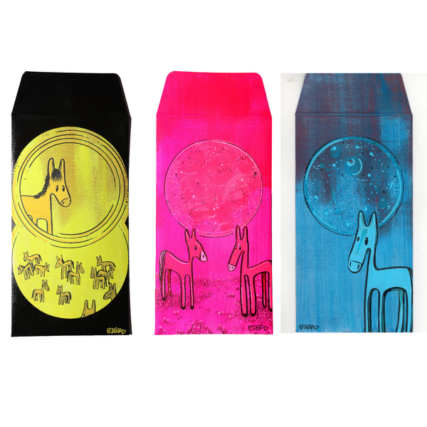 Three colorful envelopes with animal illustrations on a white background