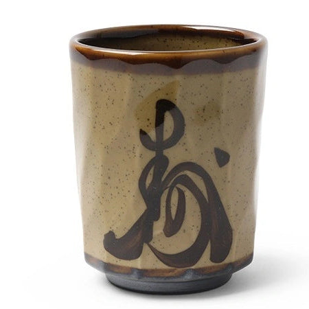 A beige ceramic cup with brown calligraphy, featuring a glossy finish and speckled texture. The design conveys an elegant and traditional aesthetic.