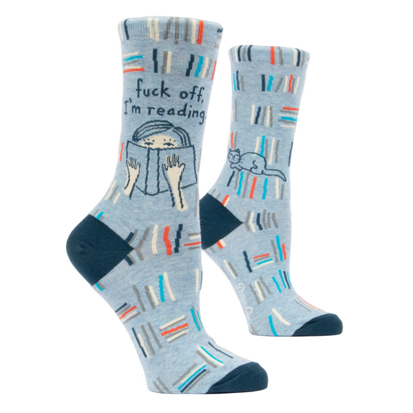 Pair of socks with a design and text on a white background