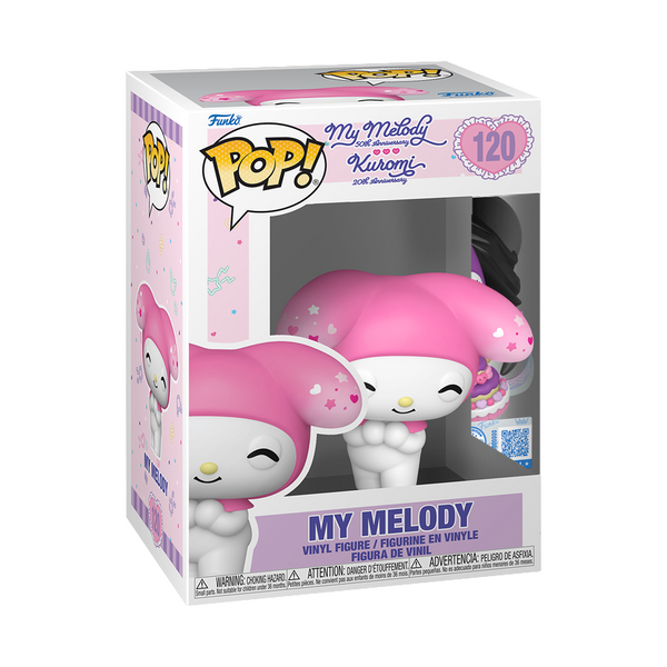 Funko Pop! vinyl figure packaging of My Melody with pink hair and white face, in front of a white background.