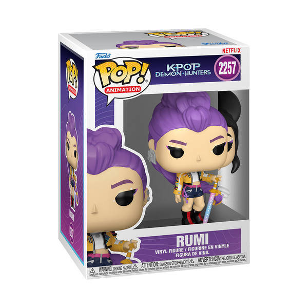 Funko Pop! vinyl figure packaging with purple hair and yellow outfit on a white background