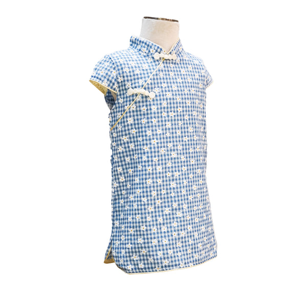 Girls Short Sleeve Gingham Qipao - Blue Daisies