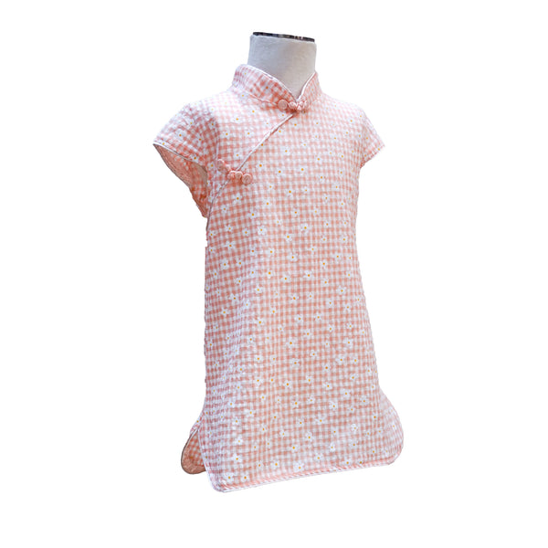 Girls Short Sleeve Gingham Qipao - Pink Daisies