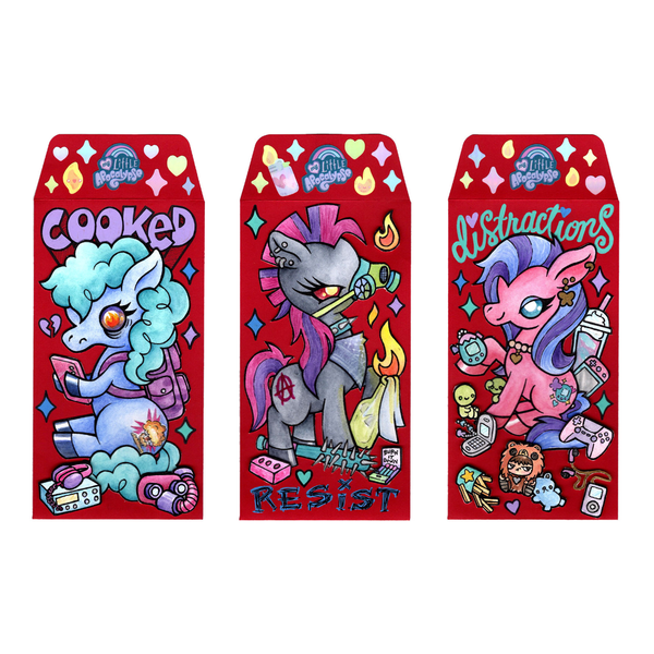 Three colorful packaging designs with cartoon characters on a red background