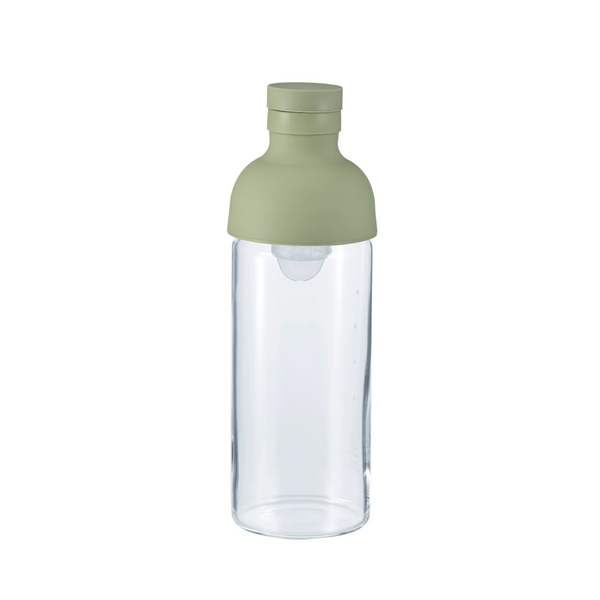 Clear glass bottle with a green lid on a white background