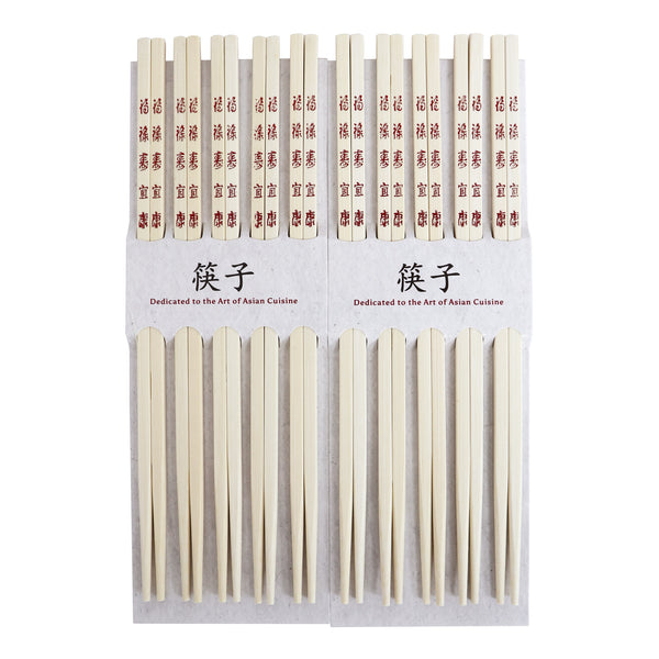 Pack of wooden chopsticks with red text on a white background
