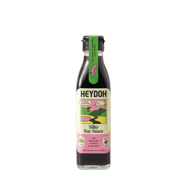 Bottle of Heydoh Silky Soy Sauce on a white background