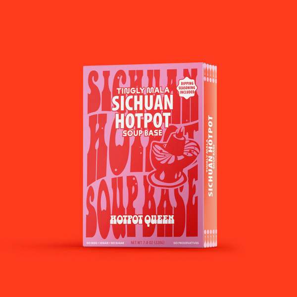 Sichuan Hotpot soup base packaging on a bright orange background