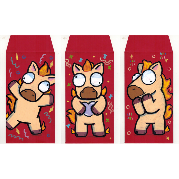 Three red envelopes with cartoon horse designs on a white background