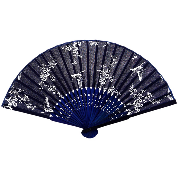Blue hand fan with white floral and butterfly patterns on a white background