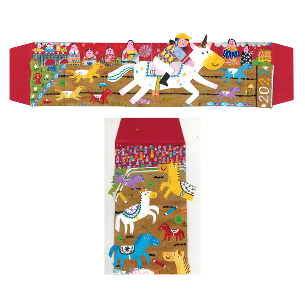 Illustrated envelopes with a horse and rider design on a white background