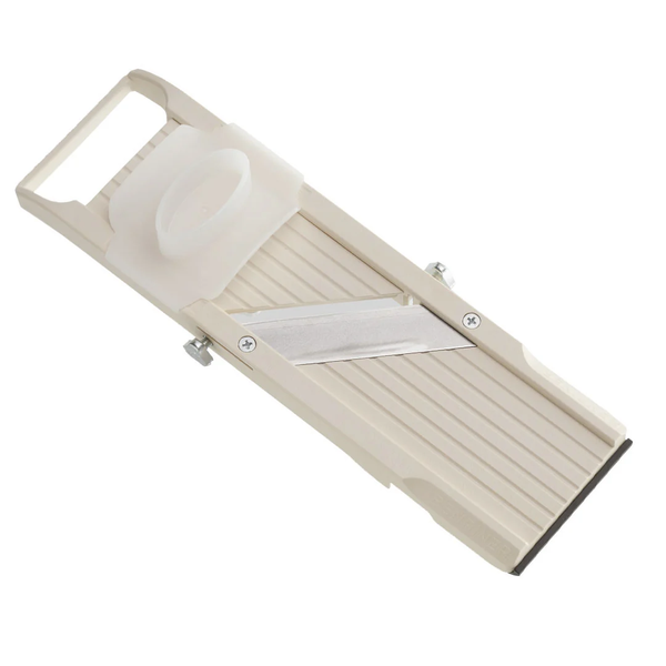 A plastic mandoline slicer with a beige body, white handle, and a stainless steel blade, shown on a plain white background.
