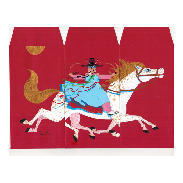 Red envelope with a horse and archer design on a white background