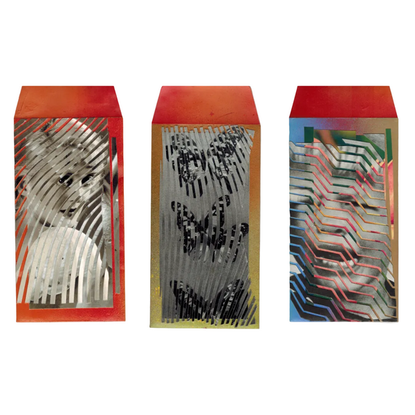 Three abstract art pieces in red envelopes on a white background