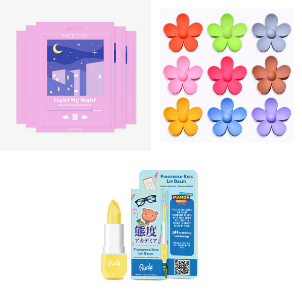 Collection of lip balm, flower-shaped hairclaw, and lip balm beside packaging