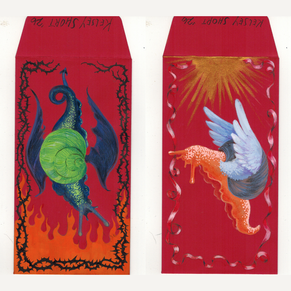 Two red envelopes with artistic designs of snails on a white background.