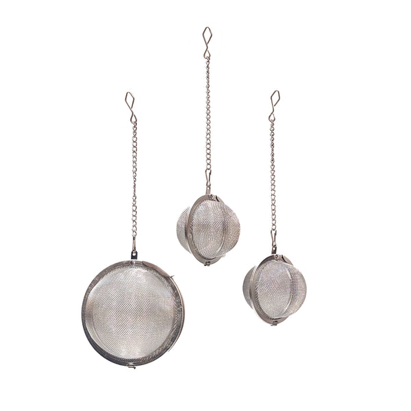 Three stainless mesh ball tea strainers in large, medium, and small