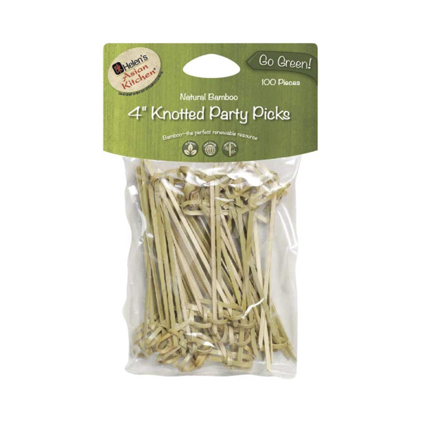 Pack of natural bamboo 4" knotted party picks with a green label on a white background.