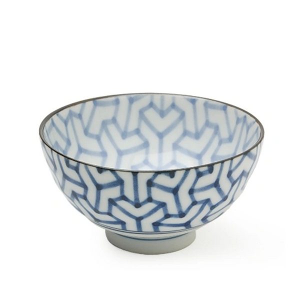 Ceramic bowl with blue geometric pattern on a white background