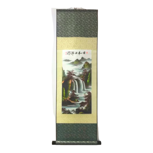 Decorative scroll with a landscape painting of a waterfall on a white background