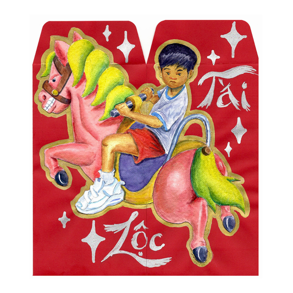 Red envelope with a cartoon boy riding a pink horse on a red background
